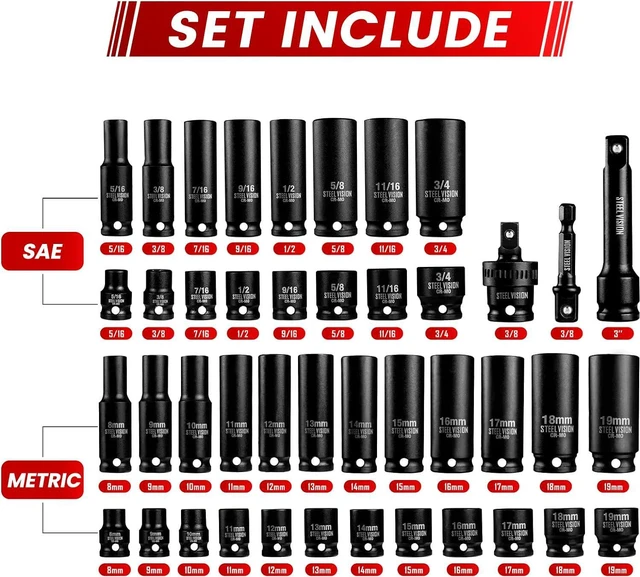 Alt view image 3 of 7 - Steel Vision 3/8" Drive Impact Socket Set, 43 Pieces Standard SAE (5/16-3/4 inch) and Metric (8-19 mm), include 3" Extension Bar, Universal Joint, 1/4" Hex Drill Socket, 6 Point CR-MO Steel Socket Set