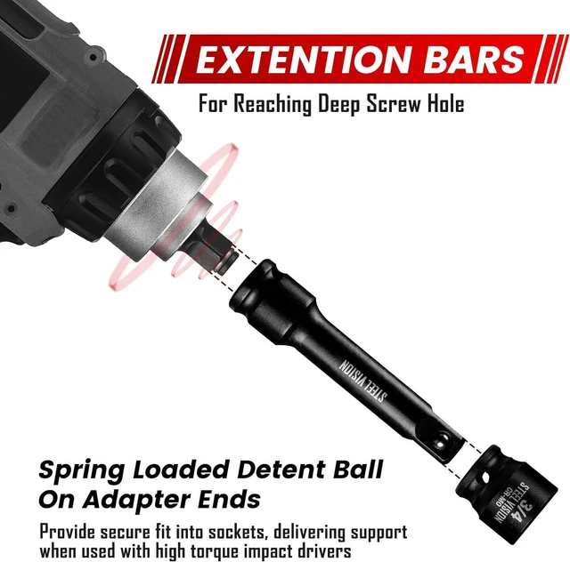 Alt view image 5 of 7 - Steel Vision 3/8" Drive Impact Socket Set, 43 Pieces Standard SAE (5/16-3/4 inch) and Metric (8-19 mm), include 3" Extension Bar, Universal Joint, 1/4" Hex Drill Socket, 6 Point CR-MO Steel Socket Set