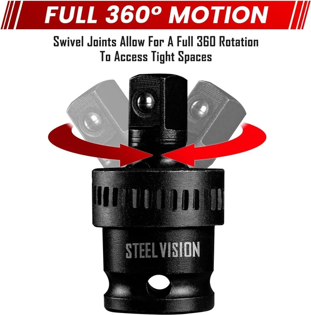 Alt view image 6 of 7 - Steel Vision 3/8" Drive Impact Socket Set, 43 Pieces Standard SAE (5/16-3/4 inch) and Metric (8-19 mm), include 3" Extension Bar, Universal Joint, 1/4" Hex Drill Socket, 6 Point CR-MO Steel Socket Set