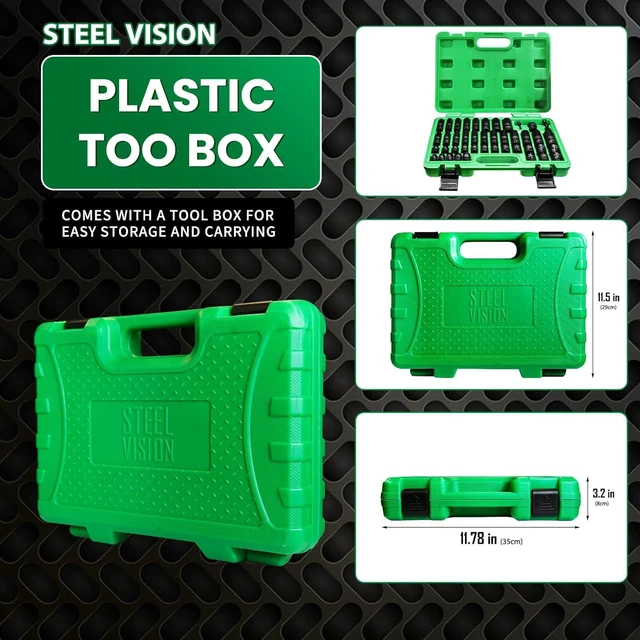 Alt view image 7 of 7 - Steel Vision 3/8" Drive Impact Socket Set, 43 Pieces Standard SAE (5/16-3/4 inch) and Metric (8-19 mm), include 3" Extension Bar, Universal Joint, 1/4" Hex Drill Socket, 6 Point CR-MO Steel Socket Set