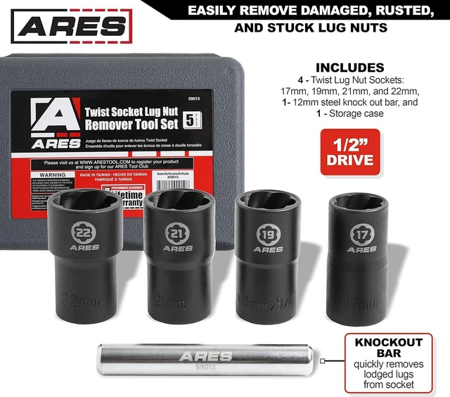 Alt view image 2 of 7 - ARES 59013-5-Piece Damaged Lug Nut Remover Socket Set - Includes 17, 19, 21, and 22mm Sockets and 12mm Steel Bar Twist Lug Nut Socket Storage Case Included