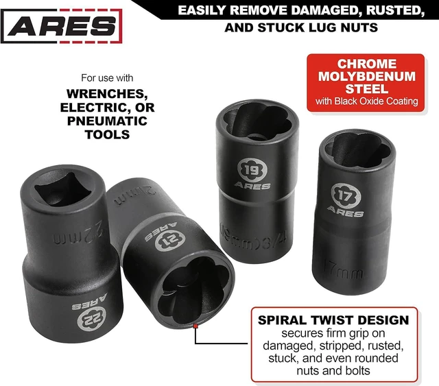 Alt view image 3 of 7 - ARES 59013-5-Piece Damaged Lug Nut Remover Socket Set - Includes 17, 19, 21, and 22mm Sockets and 12mm Steel Bar Twist Lug Nut Socket Storage Case Included