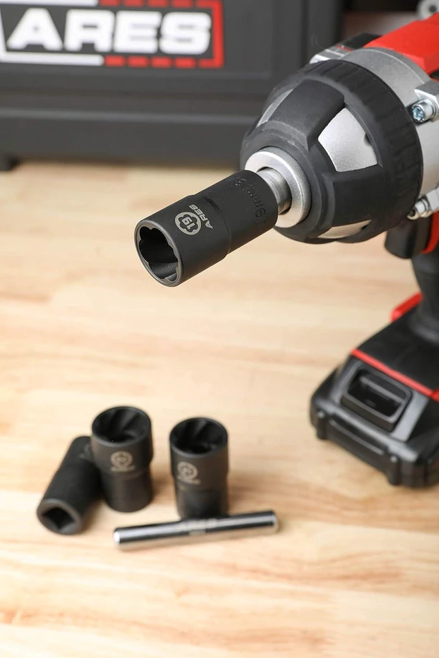 Alt view image 5 of 7 - ARES 59013-5-Piece Damaged Lug Nut Remover Socket Set - Includes 17, 19, 21, and 22mm Sockets and 12mm Steel Bar Twist Lug Nut Socket Storage Case Included