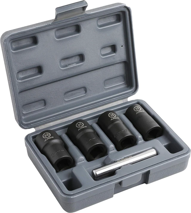Alt view image 6 of 7 - ARES 59013-5-Piece Damaged Lug Nut Remover Socket Set - Includes 17, 19, 21, and 22mm Sockets and 12mm Steel Bar Twist Lug Nut Socket Storage Case Included