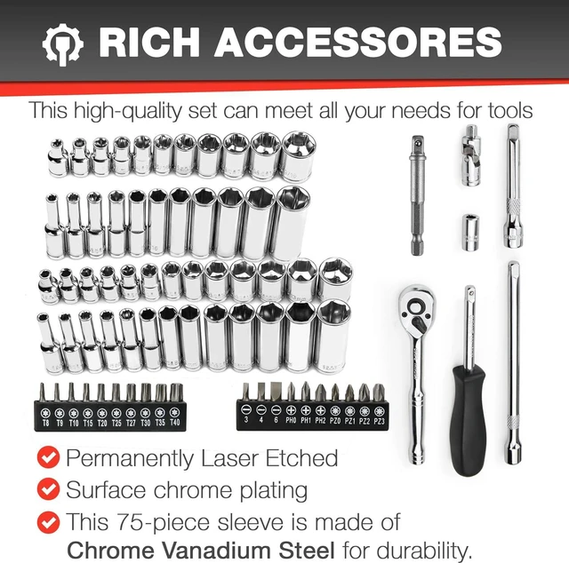 Alt view image 2 of 7 - EACELIY 75pcs 1/4" Drive Impact Socket Set, Drive Master Socket Set,Wrench Set with 1/4" Bit Adapter, Universal Joint, Ratchet, 1/4 "Drive Bit Set Extension (5/32" - 9/16 ", 4-14mm)