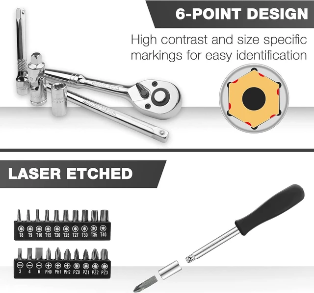 Alt view image 3 of 7 - EACELIY 75pcs 1/4" Drive Impact Socket Set, Drive Master Socket Set,Wrench Set with 1/4" Bit Adapter, Universal Joint, Ratchet, 1/4 "Drive Bit Set Extension (5/32" - 9/16 ", 4-14mm)
