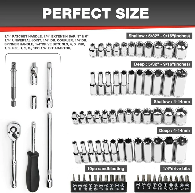 Alt view image 4 of 7 - EACELIY 75pcs 1/4" Drive Impact Socket Set, Drive Master Socket Set,Wrench Set with 1/4" Bit Adapter, Universal Joint, Ratchet, 1/4 "Drive Bit Set Extension (5/32" - 9/16 ", 4-14mm)