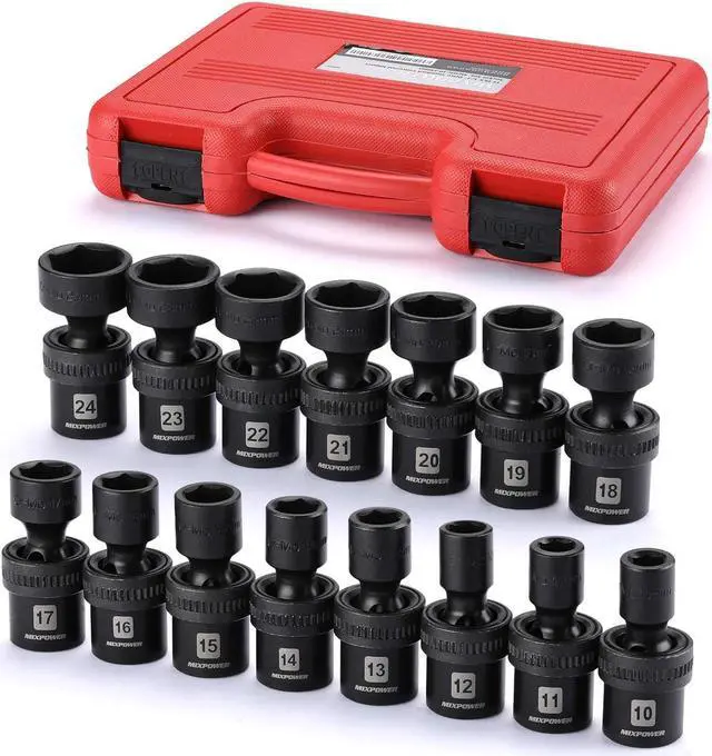 Main image of MIXPOWER 15-Piece 1/2" Drive Shallow Universal Impact Socket Set, 6 Points, Metric, 10-24mm, Swivel Socket with Flexible Wobble, CR-MO, Heavy Duty Storage Case B08JTJVV8M