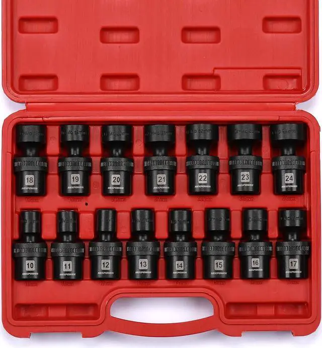 Alt view image 2 of 7 - MIXPOWER 15-Piece 1/2" Drive Shallow Universal Impact Socket Set, 6 Points, Metric, 10-24mm, Swivel Socket with Flexible Wobble, CR-MO, Heavy Duty Storage Case B08JTJVV8M
