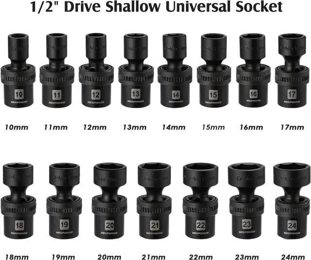 Alt view image 3 of 7 - MIXPOWER 15-Piece 1/2" Drive Shallow Universal Impact Socket Set, 6 Points, Metric, 10-24mm, Swivel Socket with Flexible Wobble, CR-MO, Heavy Duty Storage Case B08JTJVV8M