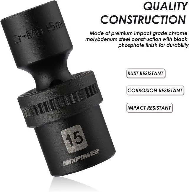 Alt view image 4 of 7 - MIXPOWER 15-Piece 1/2" Drive Shallow Universal Impact Socket Set, 6 Points, Metric, 10-24mm, Swivel Socket with Flexible Wobble, CR-MO, Heavy Duty Storage Case B08JTJVV8M