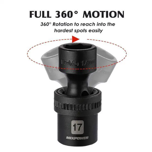 Alt view image 5 of 7 - MIXPOWER 15-Piece 1/2" Drive Shallow Universal Impact Socket Set, 6 Points, Metric, 10-24mm, Swivel Socket with Flexible Wobble, CR-MO, Heavy Duty Storage Case B08JTJVV8M