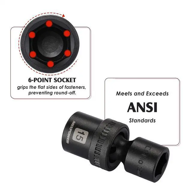 Alt view image 6 of 7 - MIXPOWER 15-Piece 1/2" Drive Shallow Universal Impact Socket Set, 6 Points, Metric, 10-24mm, Swivel Socket with Flexible Wobble, CR-MO, Heavy Duty Storage Case B08JTJVV8M