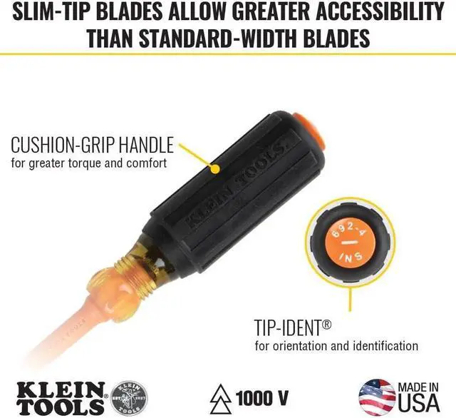Alt view image 4 of 7 - Klein Tools 94130 1000V Insulated Screwdriver Tool Set with #2 Phillips and 1/4-Inch Cabinet Slim Tips, 2 Pliers and Wire Stripper