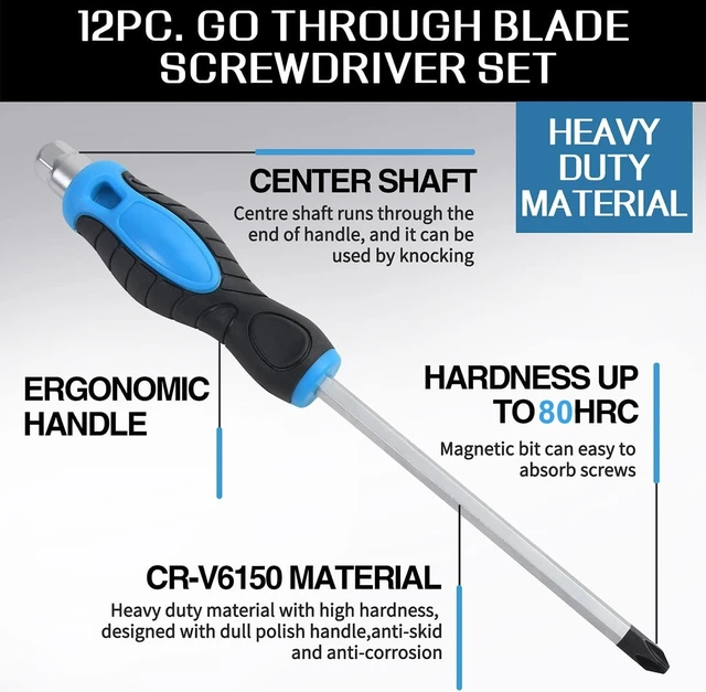 Alt view image 5 of 7 - 12-Piece Magnetic Screwdriver Set Heavy Duty Screwdriver Set Go-Thru Steel Blades High Torque 6 Phillips & 6 Flat Head Tips Screwdrivers Set with Case