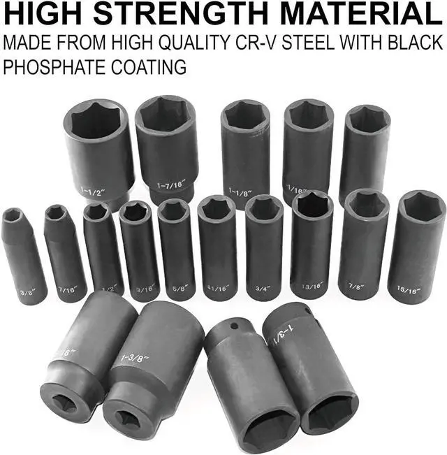 Alt view image 4 of 7 - GOSWIFT 19pcs 1/2" Impact Socket Set, 6-Point Deep Socket, Cr-V Steel, 3/8 inch - 1-1/2 inch