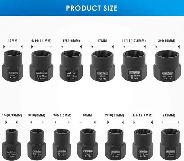 Alt view image 2 of 7 - Luckyway 13-Piece Impact Bolt & Nut Remover Set, Nut Extractor Socket, Bolt Remover Tool Set