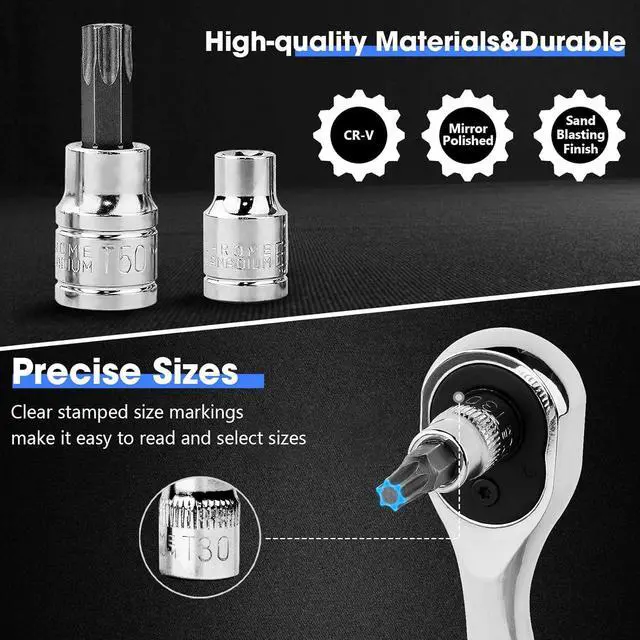 Alt view image 2 of 7 - PTSTEL 53PCS Torx Bit Socket Set,Female E-Torx Sockets Set,Star Sockets 1/4, 3/8, 1/2 Inch Drive with Adapter,Socket Extension Bar,Sliding T-handle Wrench For Hand Use Work with Storage Case