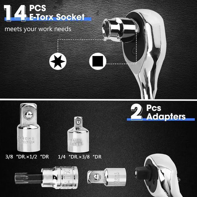 Alt view image 3 of 7 - PTSTEL 53PCS Torx Bit Socket Set,Female E-Torx Sockets Set,Star Sockets 1/4, 3/8, 1/2 Inch Drive with Adapter,Socket Extension Bar,Sliding T-handle Wrench For Hand Use Work with Storage Case