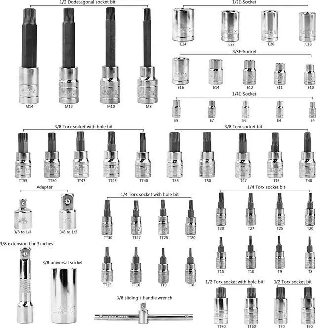 Alt view image 6 of 7 - PTSTEL 53PCS Torx Bit Socket Set,Female E-Torx Sockets Set,Star Sockets 1/4, 3/8, 1/2 Inch Drive with Adapter,Socket Extension Bar,Sliding T-handle Wrench For Hand Use Work with Storage Case