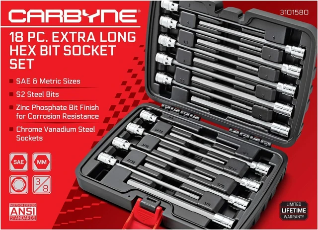 Alt view image 2 of 6 - CARBYNE Extra Long Hex (Allen) Bit Socket Set, 18 Pieces | SAE & Metric, S2 Steel Bits, CrV Sockets, Corrosion Resistance, Durable Storage Case | 1/8''-3/8'' SAE / 3mm-10mm Metric Sizes, 3/8" Drive