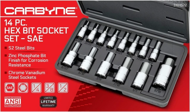 Alt view image 2 of 7 - CARBYNE Hex (Allen) Bit Socket Set - 14 Piece, SAE, S2 Steel | 1/4", 3/8" & 1/2" Drive From a Family-Run Tool Company Based in the U.S.A.