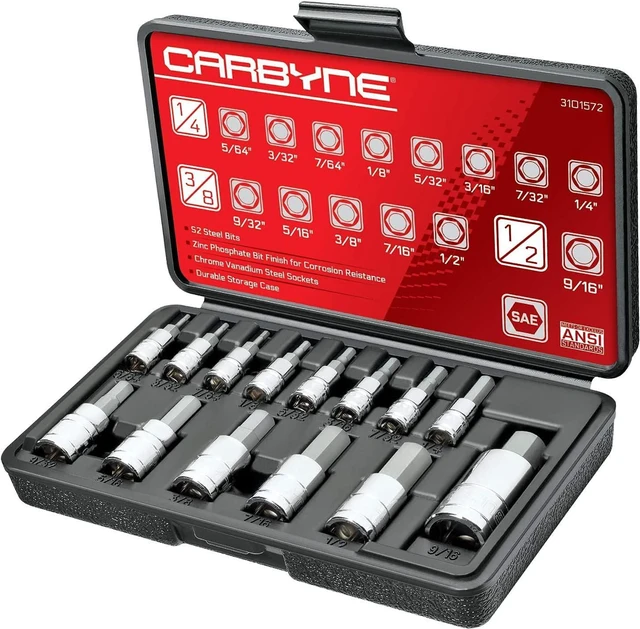 Main image of CARBYNE Hex (Allen) Bit Socket Set - 14 Piece, SAE, S2 Steel | 1/4", 3/8" & 1/2" Drive From a Family-Run Tool Company Based in the U.S.A.