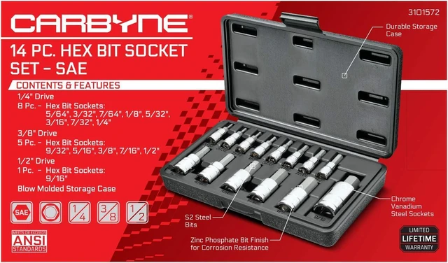 Alt view image 3 of 7 - CARBYNE Hex (Allen) Bit Socket Set - 14 Piece, SAE, S2 Steel | 1/4", 3/8" & 1/2" Drive From a Family-Run Tool Company Based in the U.S.A.