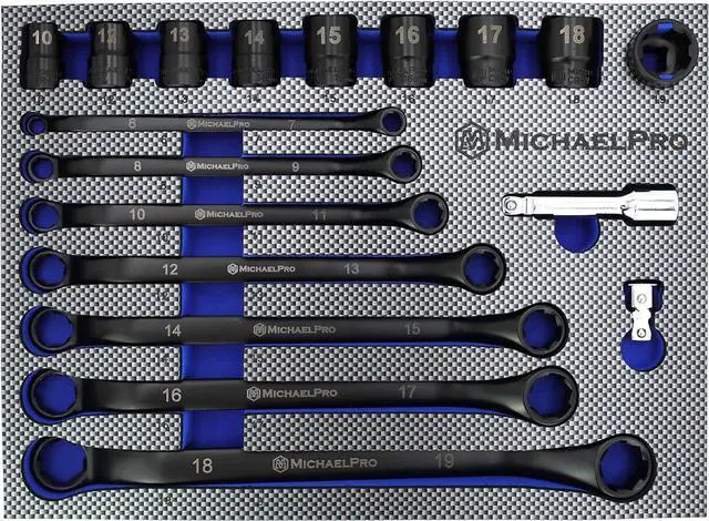 Main image of MichaelPro MP001218 18Pc Black Oxide Bolt Extractor Offset Wrench and Socket Set (Metric), 6-Point Rounded Box End Nut & Bolt Remover | Rounded, Stripped, Thin Bolts Remover, with Cushion Grip Sockets