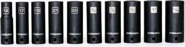 Main image of Steelman 10-Piece 1/2-Inch Drive Deep Impact Grade Thin Wall Socket Set with Wall Mount Storage, Includes 14mm, 17mm, 19mm, 21mm, 22mm, 13/16", 7/8", 15/16", 1", and 1-1/16", Laser-Etched