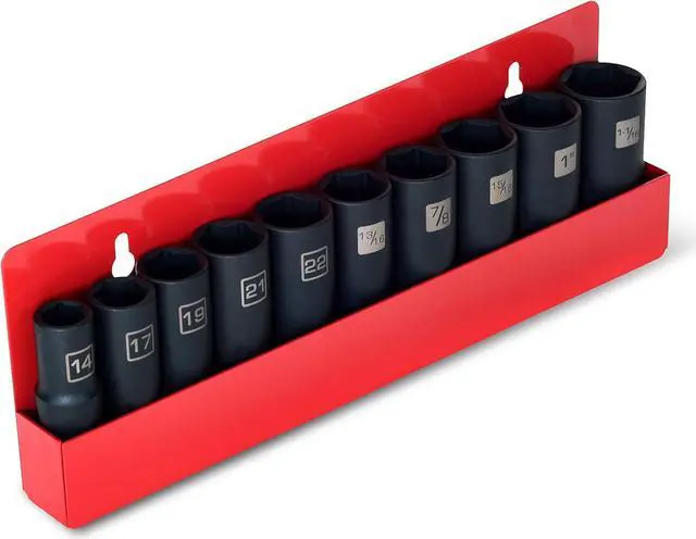 Alt view image 2 of 3 - Steelman 10-Piece 1/2-Inch Drive Deep Impact Grade Thin Wall Socket Set with Wall Mount Storage, Includes 14mm, 17mm, 19mm, 21mm, 22mm, 13/16", 7/8", 15/16", 1", and 1-1/16", Laser-Etched
