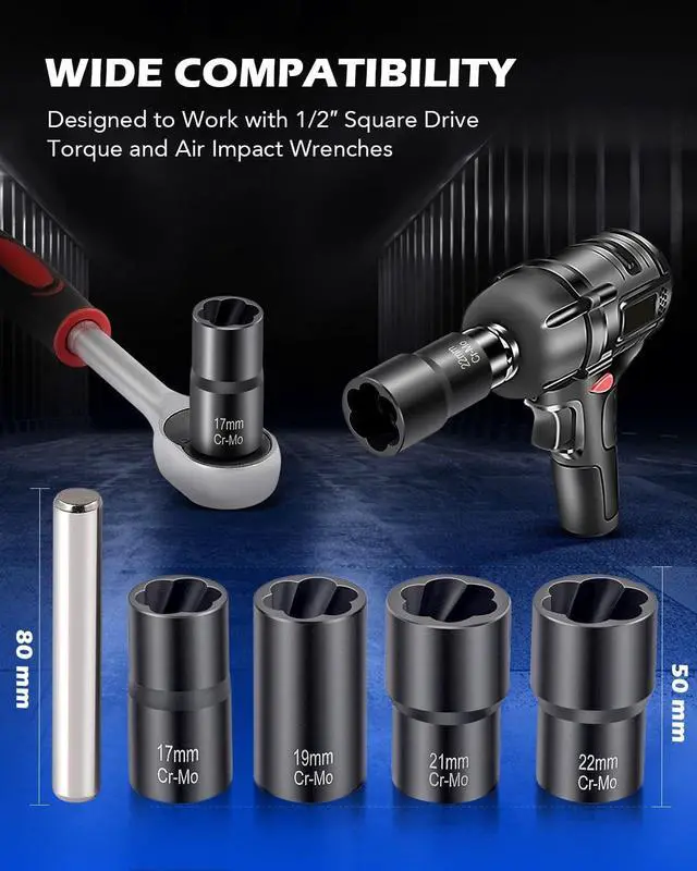 Alt view image 2 of 7 - Orion Motor Tech Twist Socket Tool Set, 1/2" Drive 5pc Nut and Bolt Extractor Set, Rounded Bolt & Stripped Lug Nut Remover Tool Kit