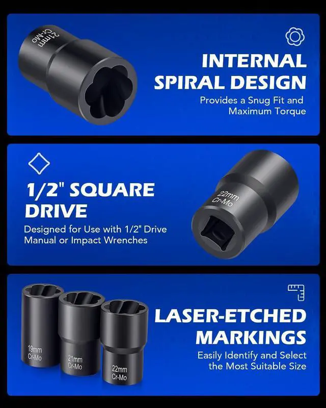 Alt view image 6 of 7 - Orion Motor Tech Twist Socket Tool Set, 1/2" Drive 5pc Nut and Bolt Extractor Set, Rounded Bolt & Stripped Lug Nut Remover Tool Kit