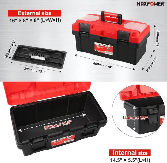 Alt view image 2 of 7 - MAXPOWER Tool Box 16-inch, Small Plastic Tool Box with Latch and Removable Tray, Red