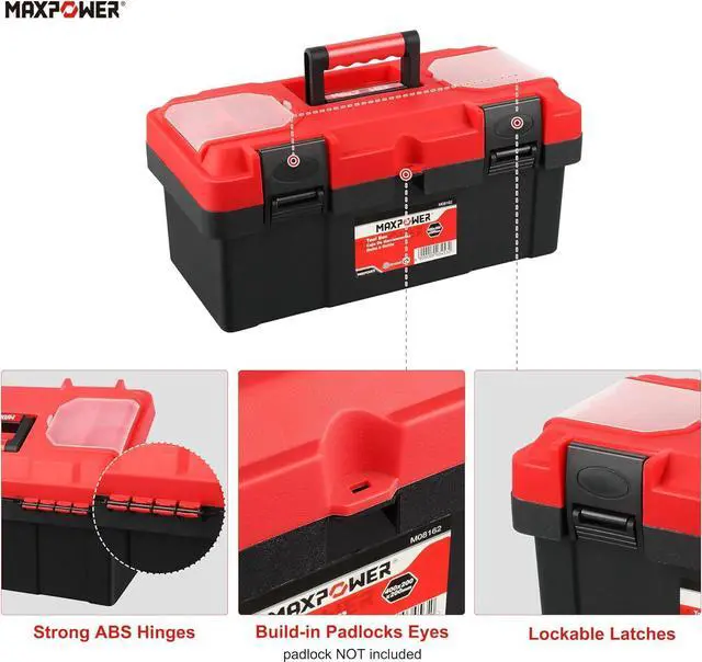Alt view image 3 of 7 - MAXPOWER Tool Box 16-inch, Small Plastic Tool Box with Latch and Removable Tray, Red