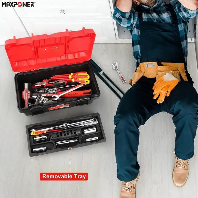 Alt view image 5 of 7 - MAXPOWER Tool Box 16-inch, Small Plastic Tool Box with Latch and Removable Tray, Red