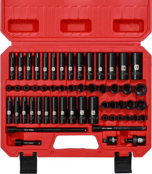 Alt view image 2 of 7 - EMENTOL 55PCS 1/4" Drive Deep and Shallow Impact Socket Set, CR-V, SAE/Metric, 6 Point, 5/32 Inch - 9/16 Inch, 4mm - 15mm, Impact Extension Bars, Universal Joint, Adapter