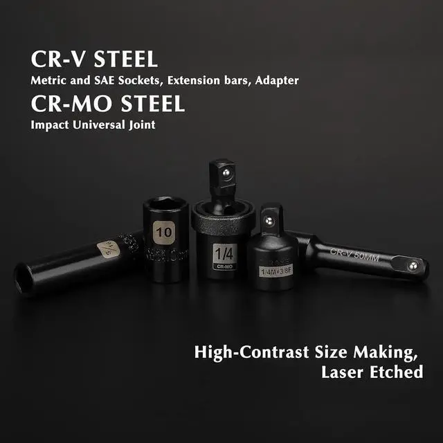 Alt view image 4 of 7 - EMENTOL 55PCS 1/4" Drive Deep and Shallow Impact Socket Set, CR-V, SAE/Metric, 6 Point, 5/32 Inch - 9/16 Inch, 4mm - 15mm, Impact Extension Bars, Universal Joint, Adapter