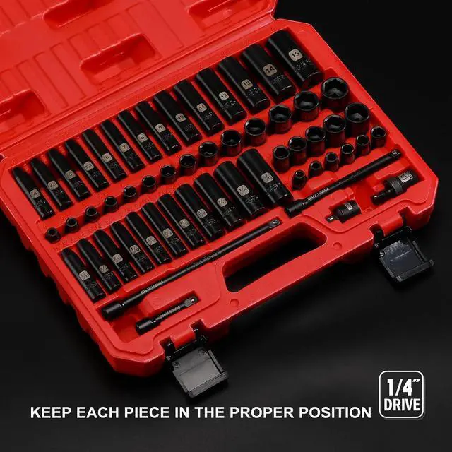 Alt view image 7 of 7 - EMENTOL 55PCS 1/4" Drive Deep and Shallow Impact Socket Set, CR-V, SAE/Metric, 6 Point, 5/32 Inch - 9/16 Inch, 4mm - 15mm, Impact Extension Bars, Universal Joint, Adapter