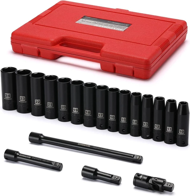 Main image of MIXPOWER 1/2-Inch Drive Deep Impact Socket Set, CR-V, Metric Size 10-24mm, 6 Point, Perfect for Home, Mechanic and Repair Project, 19-Piece Sockets Set with Extension Bar and Universal Joints.