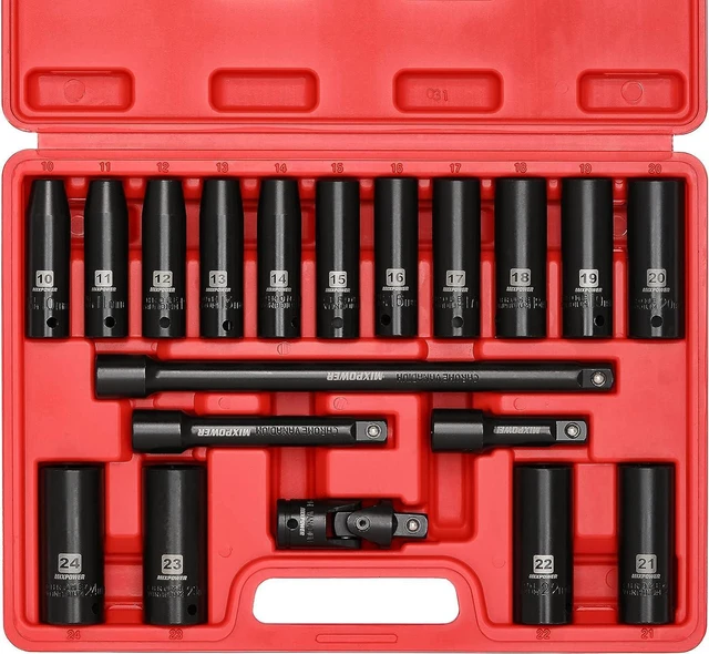 Alt view image 2 of 7 - MIXPOWER 1/2-Inch Drive Deep Impact Socket Set, CR-V, Metric Size 10-24mm, 6 Point, Perfect for Home, Mechanic and Repair Project, 19-Piece Sockets Set with Extension Bar and Universal Joints.