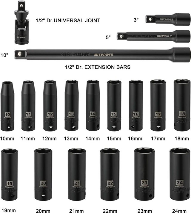 Alt view image 4 of 7 - MIXPOWER 1/2-Inch Drive Deep Impact Socket Set, CR-V, Metric Size 10-24mm, 6 Point, Perfect for Home, Mechanic and Repair Project, 19-Piece Sockets Set with Extension Bar and Universal Joints.