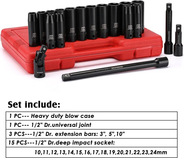 Alt view image 3 of 7 - MIXPOWER 1/2-Inch Drive Deep Impact Socket Set, CR-V, Metric Size 10-24mm, 6 Point, Perfect for Home, Mechanic and Repair Project, 19-Piece Sockets Set with Extension Bar and Universal Joints.