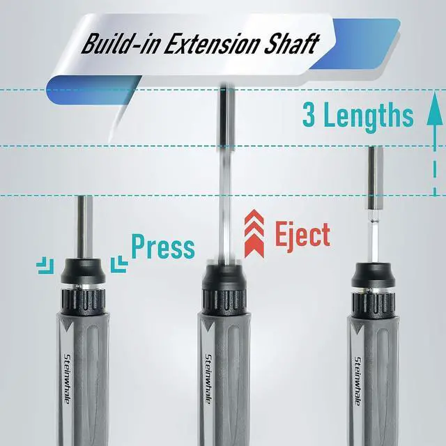 Alt view image 4 of 7 - Steinwhale 32 in 1 Ratchet Screwdriver Set with Push-Eject Extension Rod, 48-Tooth Gear Ratchet, Antislip Soft Handle, Magnetic Bit Holder, 30pcs S2 Steel Bits, Excellent Handling and Versatile Use