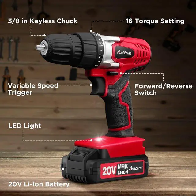 Alt view image 2 of 7 - 20V MAX Lithium lon Cordless Drill Set Power Drill Kit with Battery and Charger 3/8-Inch Keyless Chuck Variable Speed 16 Position and 22pcs Drill Bits (Red)