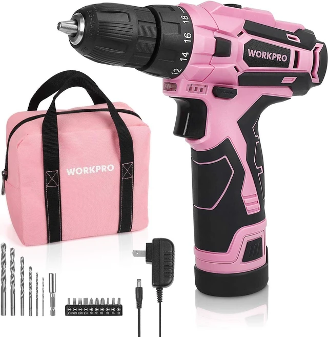 Main image of WORKPRO 12V Pink Cordless Drill Driver Set, 18+1 Torque Setting, Electric Screwdriver Driver Tool Kit, 3/8" Keyless Chuck, Charger and Storage Bag Included