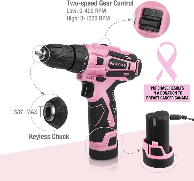 Alt view image 3 of 7 - WORKPRO 12V Pink Cordless Drill Driver Set, 18+1 Torque Setting, Electric Screwdriver Driver Tool Kit, 3/8" Keyless Chuck, Charger and Storage Bag Included
