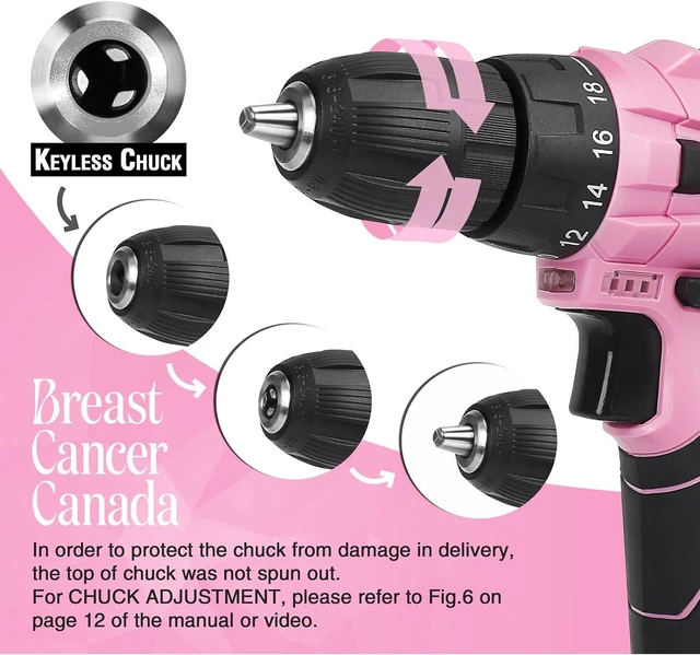 Alt view image 4 of 7 - WORKPRO 12V Pink Cordless Drill Driver Set, 18+1 Torque Setting, Electric Screwdriver Driver Tool Kit, 3/8" Keyless Chuck, Charger and Storage Bag Included