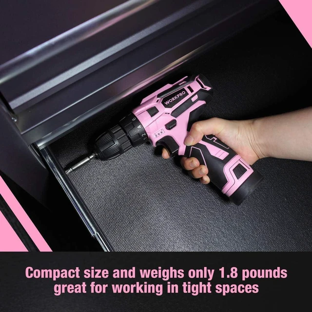 Alt view image 7 of 7 - WORKPRO 12V Pink Cordless Drill Driver Set, 18+1 Torque Setting, Electric Screwdriver Driver Tool Kit, 3/8" Keyless Chuck, Charger and Storage Bag Included
