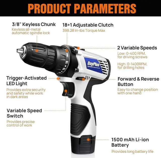 Alt view image 2 of 7 - 16.8v Cordless Power Drill Combi Driver Electric Screwdriver Tools Kit,2 Variable Speed 18+1 Torque Setting,23pcs Drill/Driver Bits